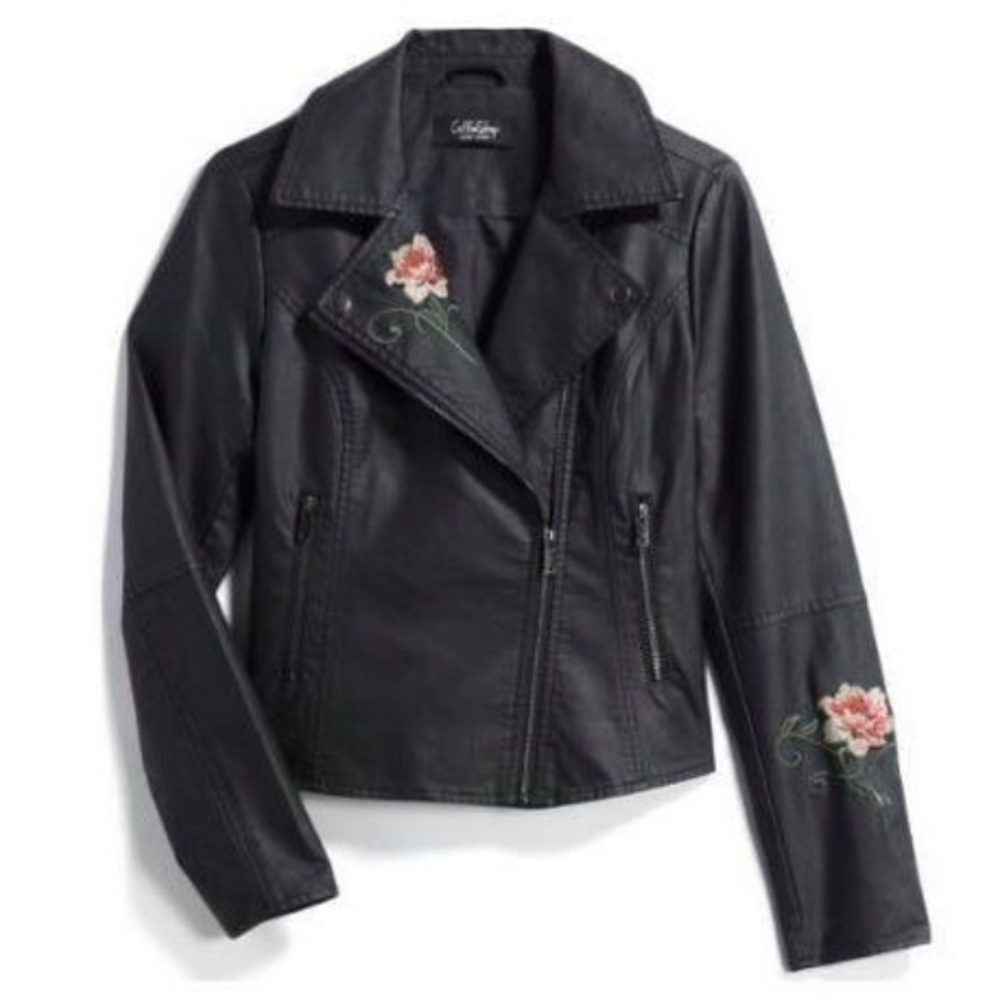 Coffeeshop Edgy NWT 3X Jocelyn Faux Leather Moto Jacket Floral Embroidery